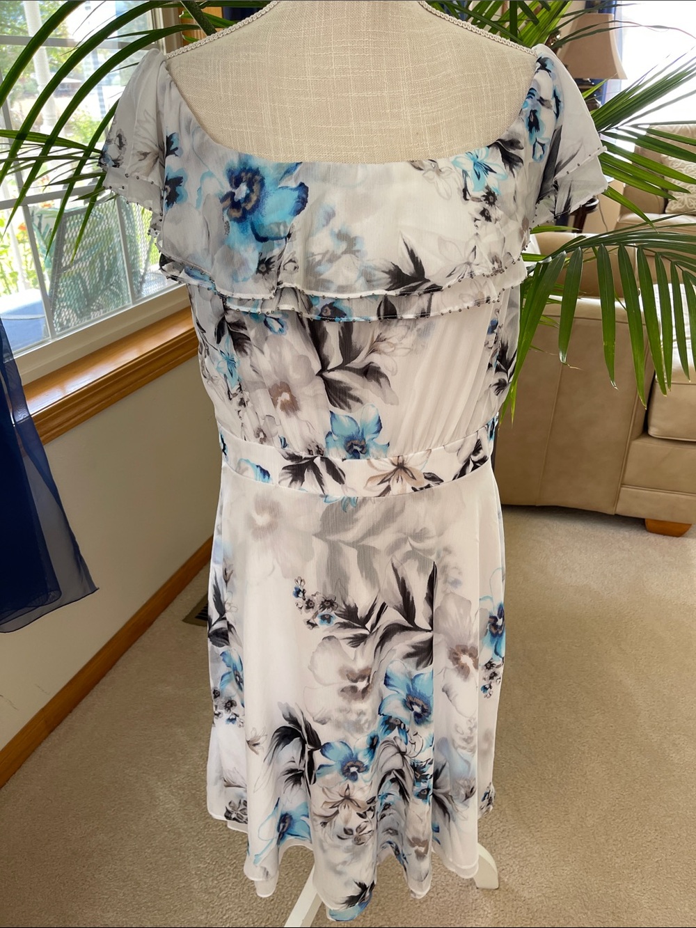 White House Black Market White Floral Midi Dress with Blue Accents